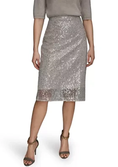 Women's Sequin Mesh Trim Pencil Skirt