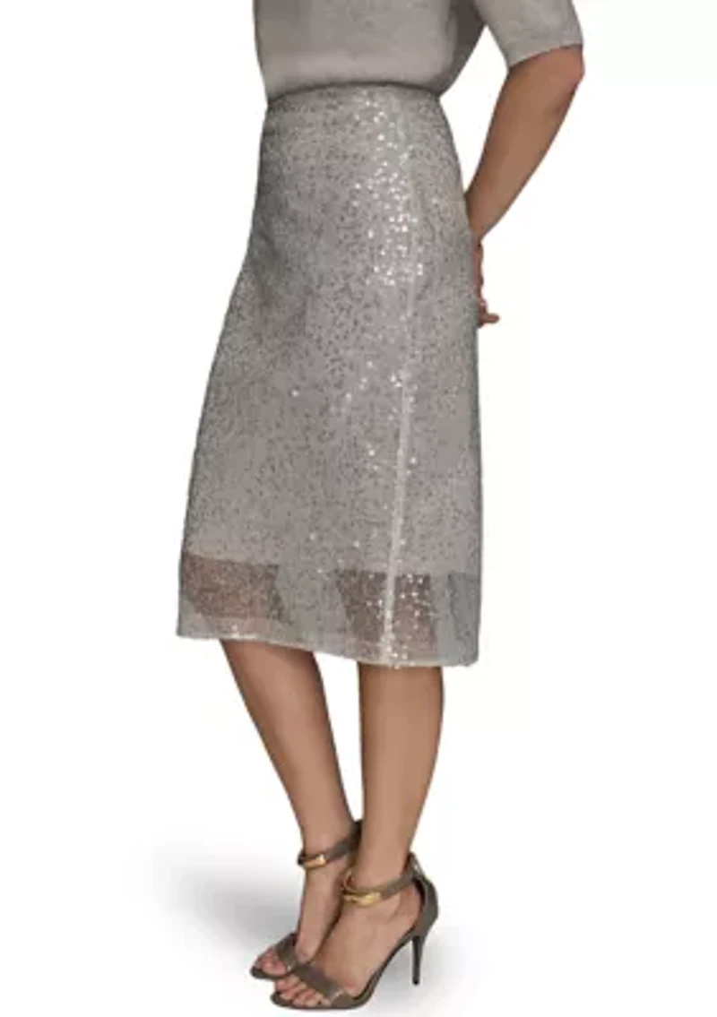 Women's Sequin Mesh Trim Pencil Skirt