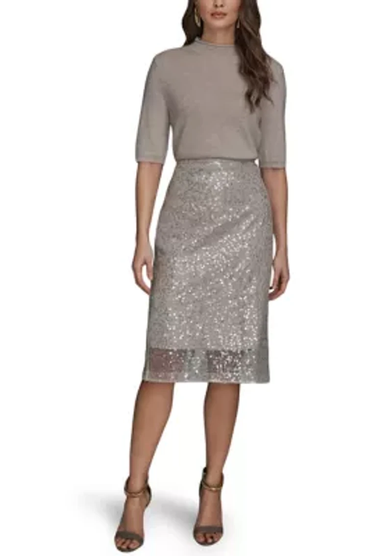 Women's Sequin Mesh Trim Pencil Skirt