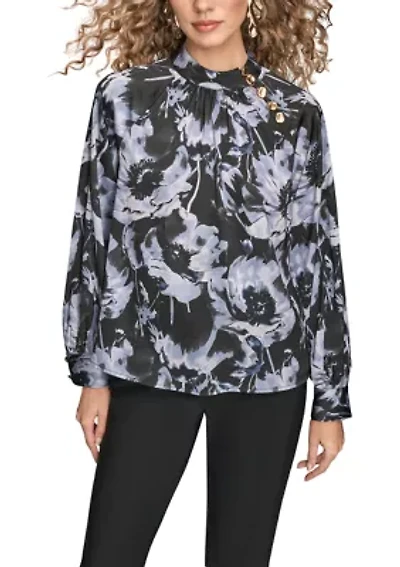 Women's Long Sleeve Printed Blouse with Buttons at Neck
