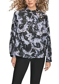 Women's Long Sleeve Printed Blouse with Buttons at Neck