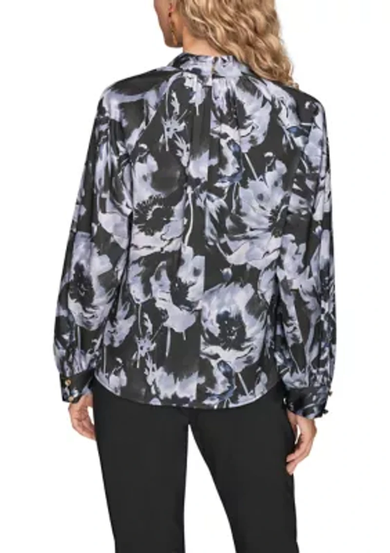 Women's Long Sleeve Printed Blouse with Buttons at Neck