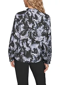 Women's Long Sleeve Printed Blouse with Buttons at Neck
