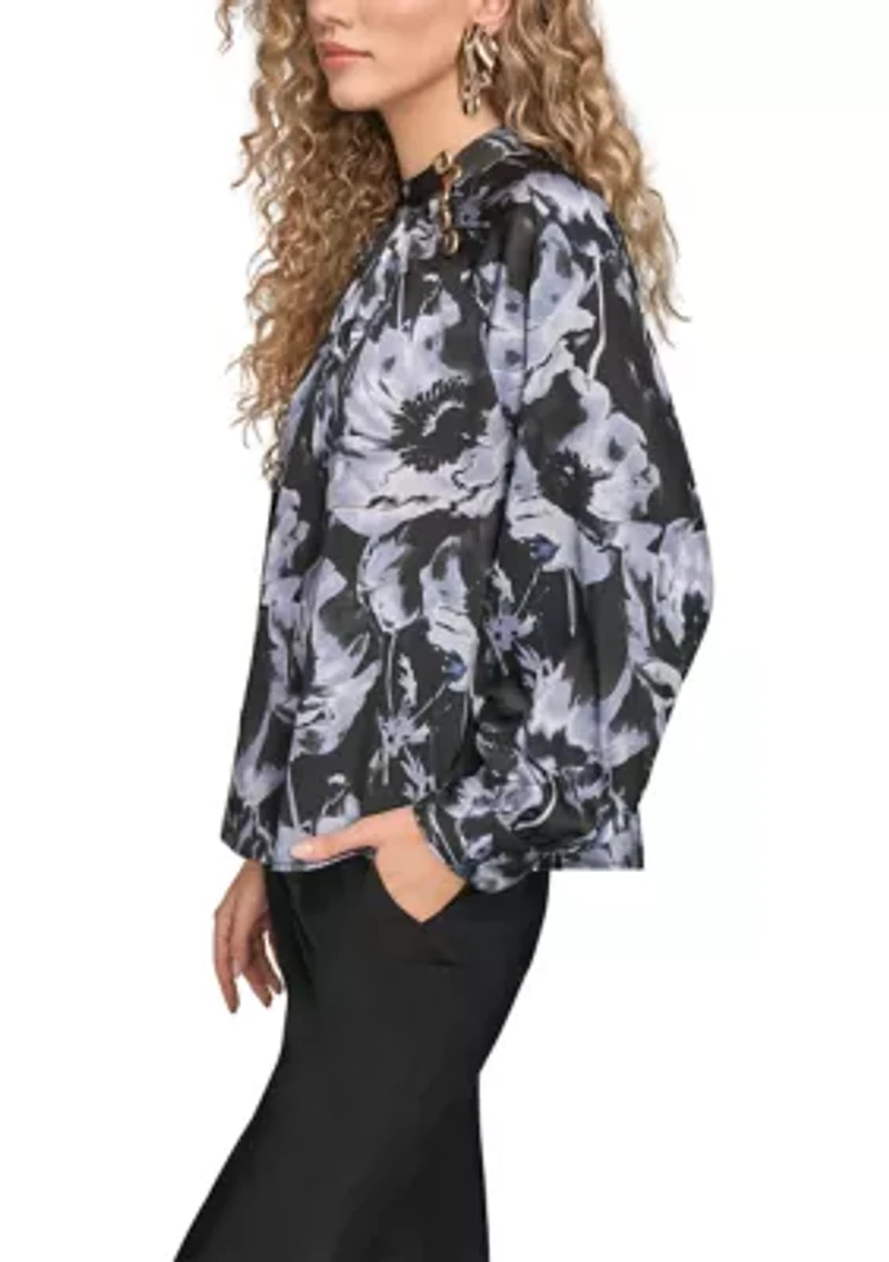 Women's Long Sleeve Printed Blouse with Buttons at Neck