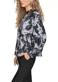 Women's Long Sleeve Printed Blouse with Buttons at Neck