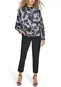 Women's Long Sleeve Printed Blouse with Buttons at Neck