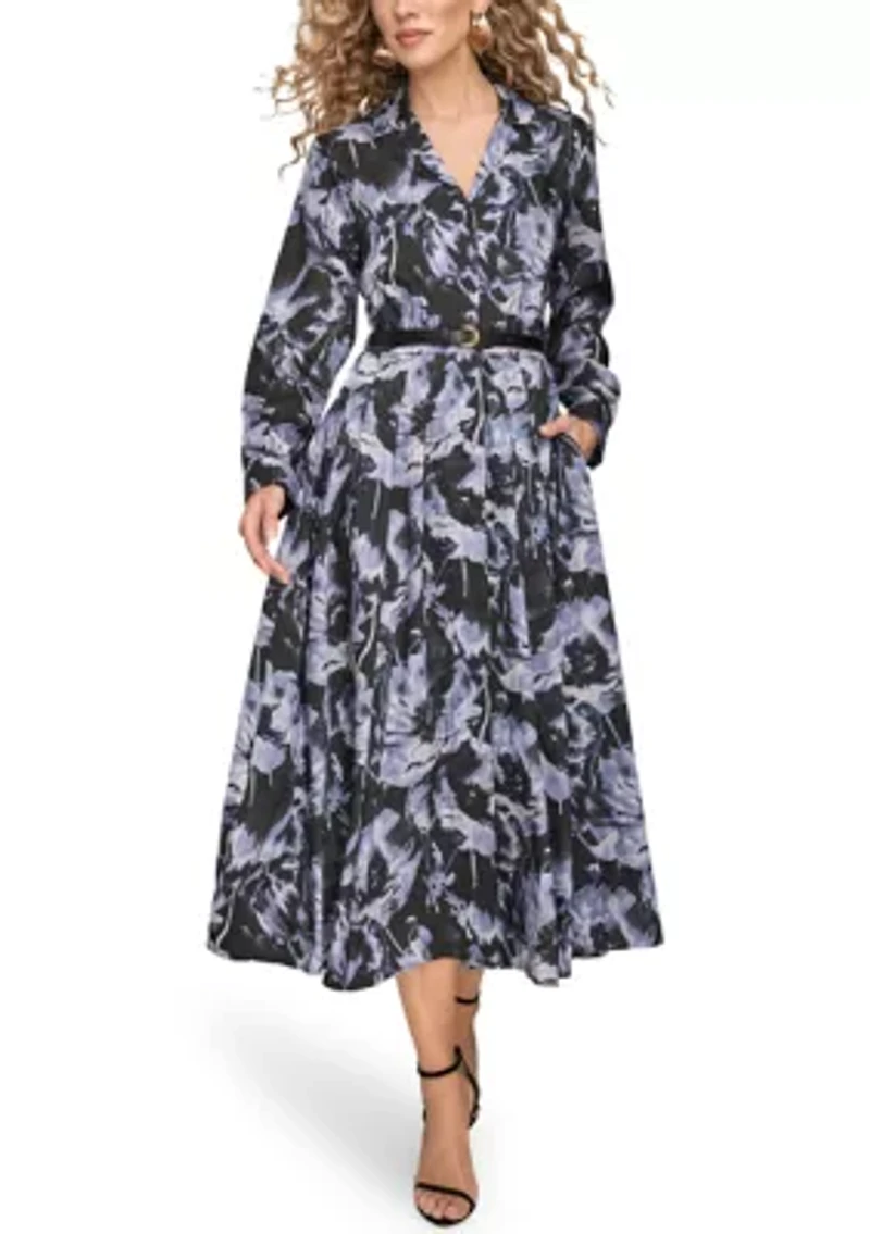 Women's Long Sleeve Button Front Pleated Dress