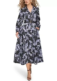 Women's Long Sleeve Button Front Pleated Dress