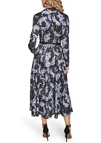 Women's Long Sleeve Button Front Pleated Dress