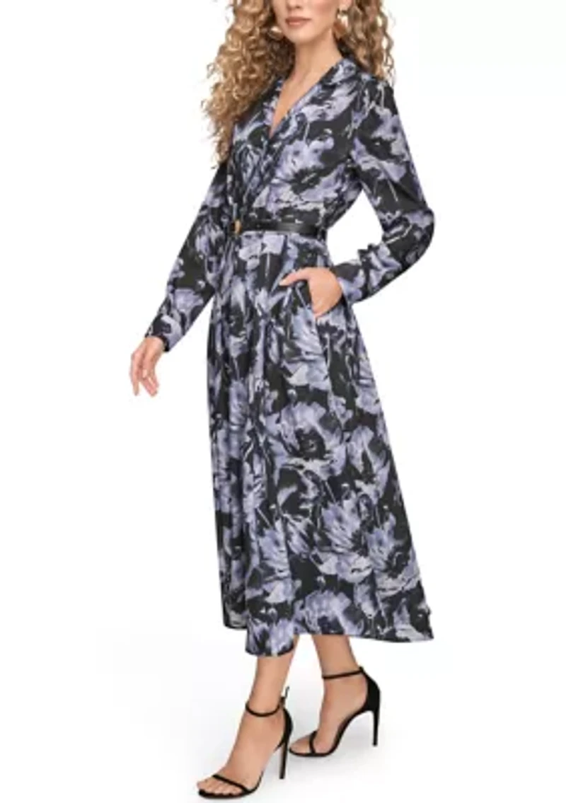 Women's Long Sleeve Button Front Pleated Dress