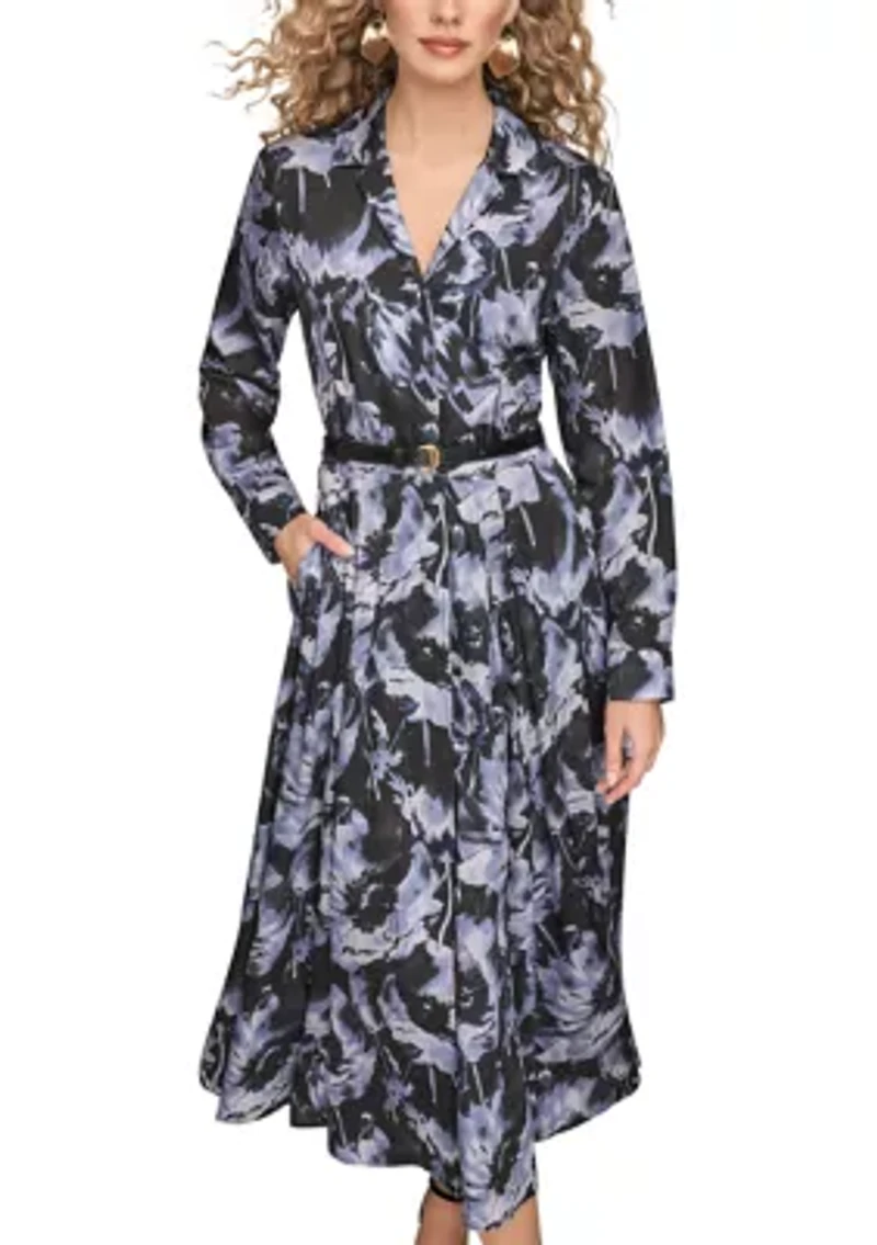 Women's Long Sleeve Button Front Pleated Dress