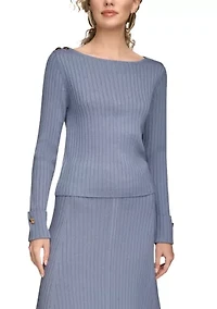 Women's Long Sleeve Boat Neck Sweater with Button Down