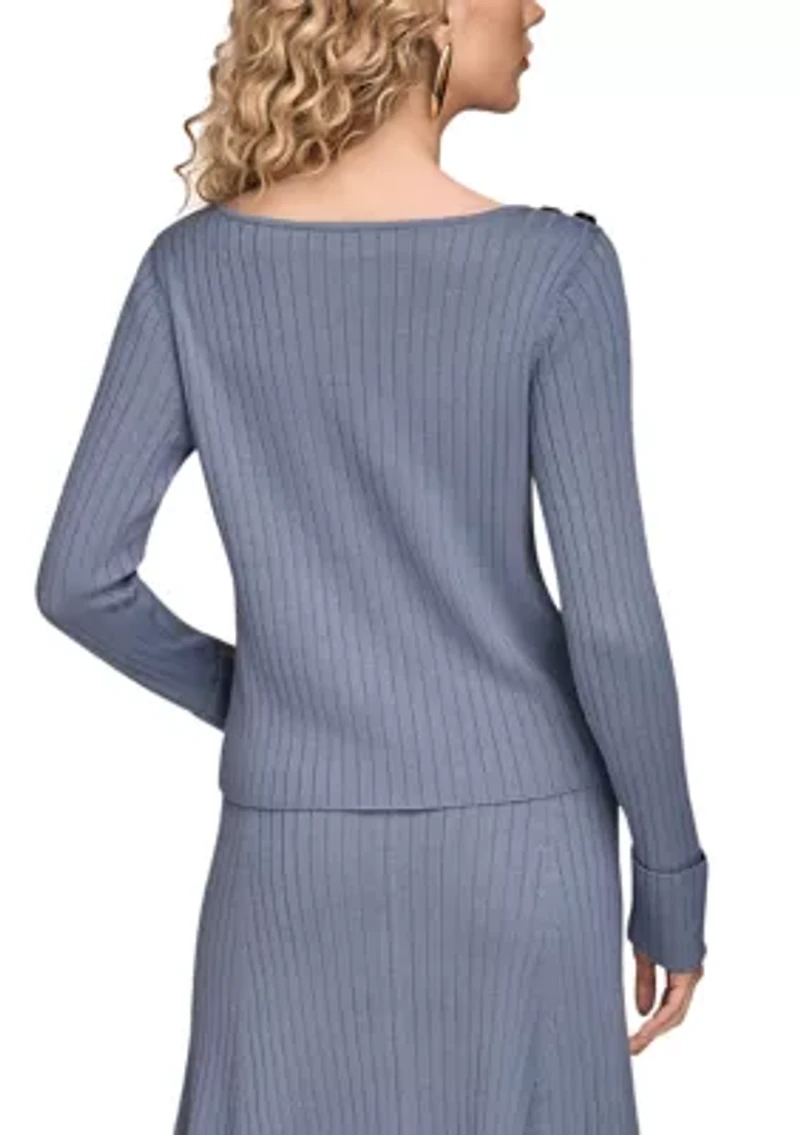 Women's Long Sleeve Boat Neck Sweater with Button Down