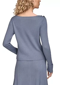 Women's Long Sleeve Boat Neck Sweater with Button Down