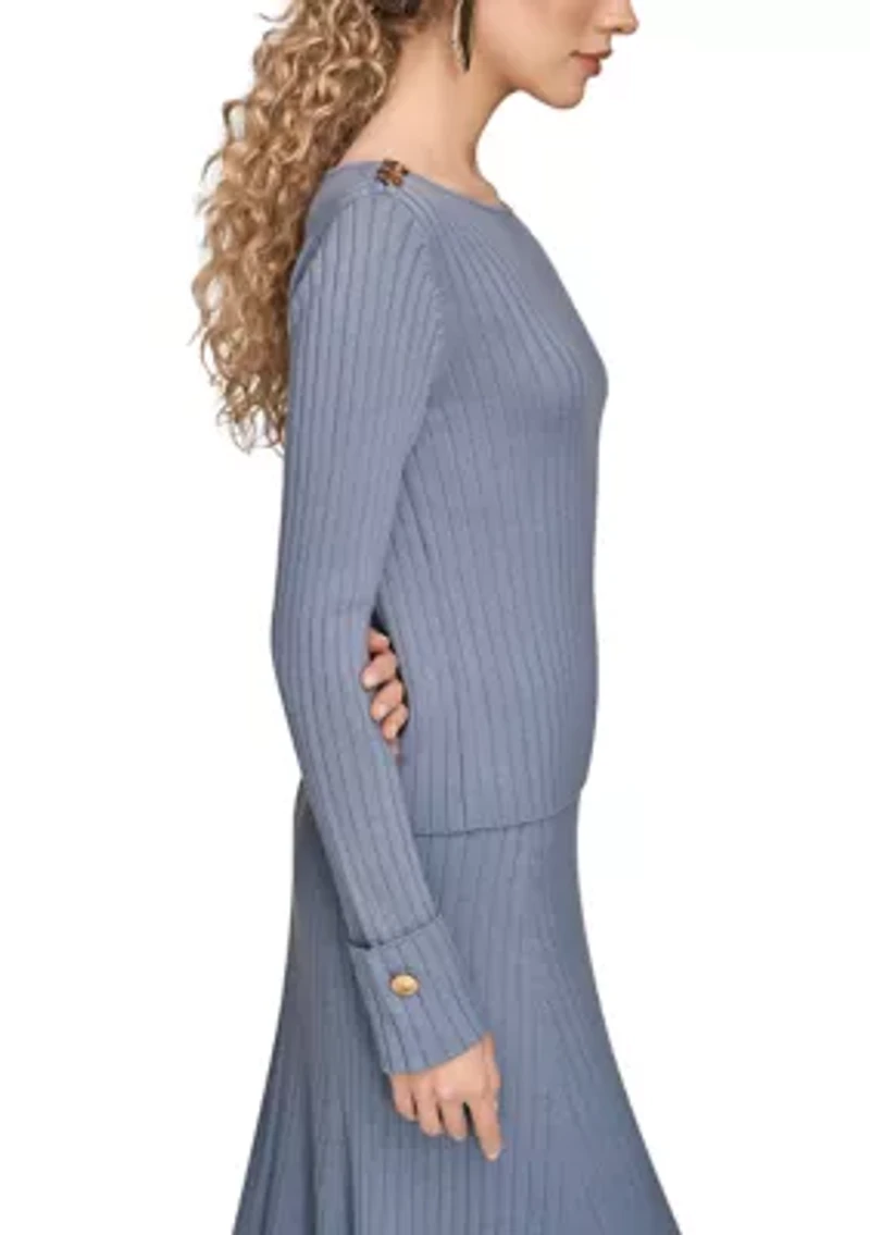 Women's Long Sleeve Boat Neck Sweater with Button Down