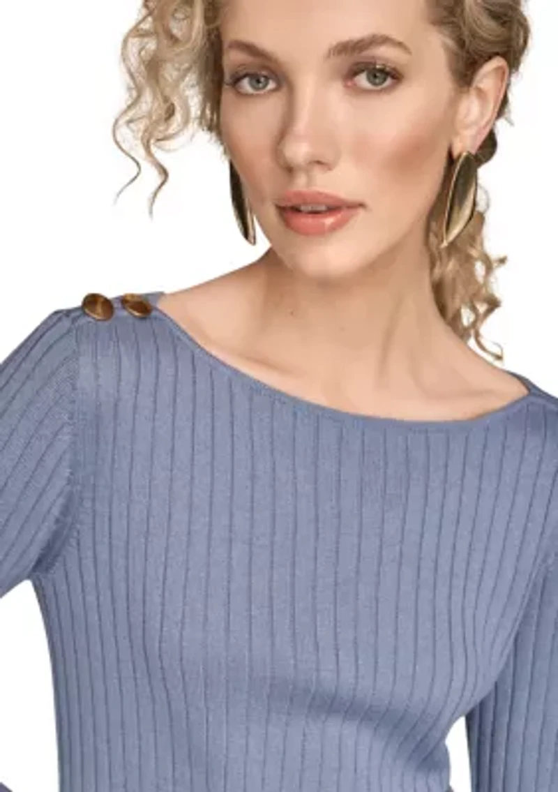 Women's Long Sleeve Boat Neck Sweater with Button Down