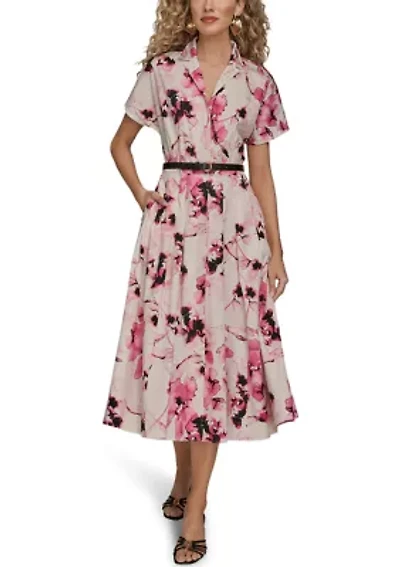 Women's Short Sleeve Belted Floral Shirtdress