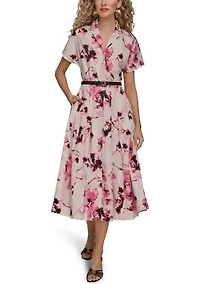 Women's Short Sleeve Belted Floral Shirtdress