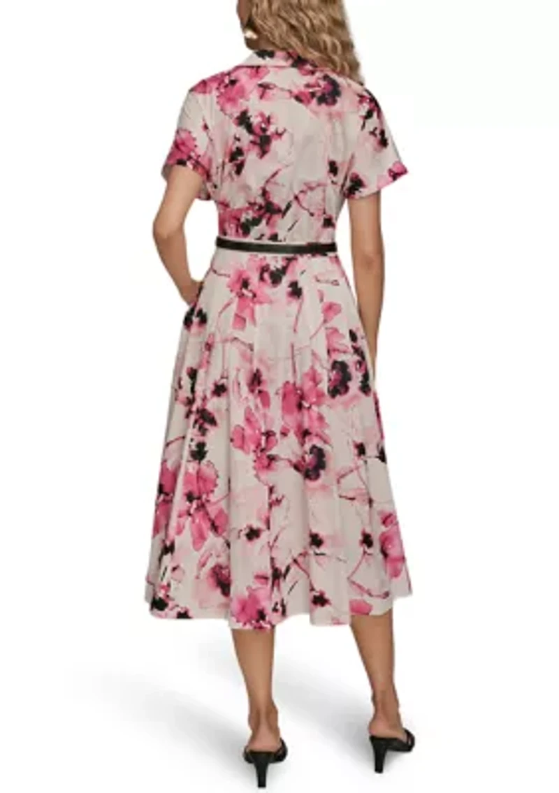 Women's Short Sleeve Belted Floral Shirtdress
