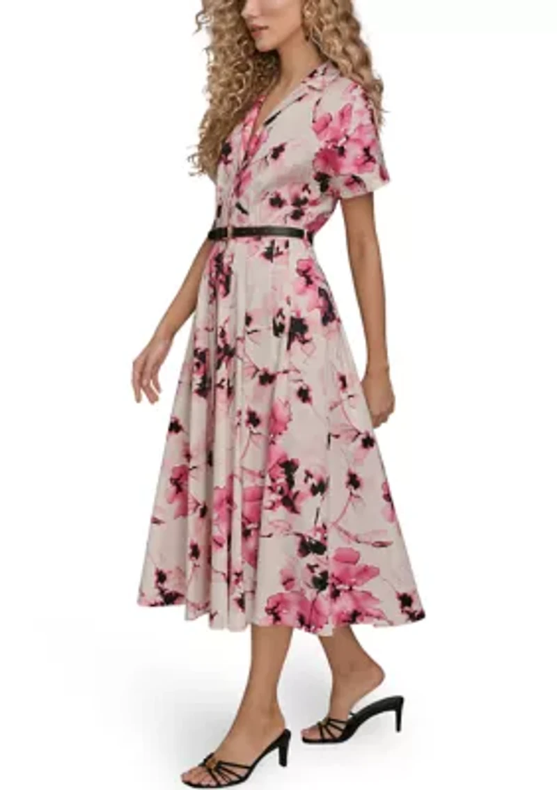 Women's Short Sleeve Belted Floral Shirtdress