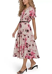 Women's Short Sleeve Belted Floral Shirtdress