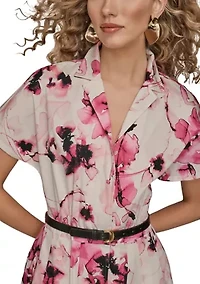Women's Short Sleeve Belted Floral Shirtdress
