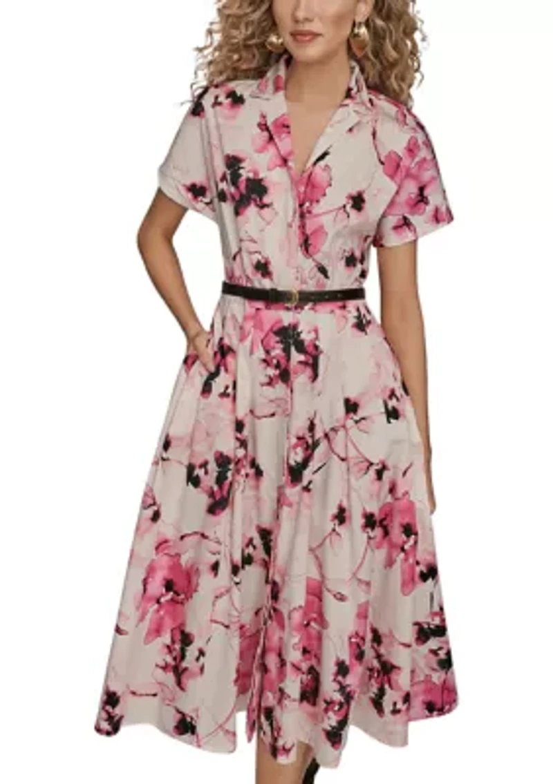 Women's Short Sleeve Belted Floral Shirtdress