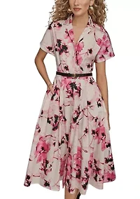 Women's Short Sleeve Belted Floral Shirtdress