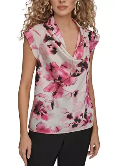 Women's Short Sleeve Cowl Neck Floral Blouse