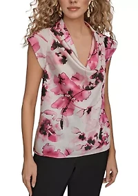 Women's Short Sleeve Cowl Neck Floral Blouse