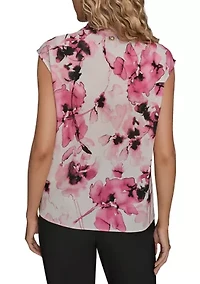 Women's Short Sleeve Cowl Neck Floral Blouse