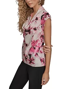 Women's Short Sleeve Cowl Neck Floral Blouse