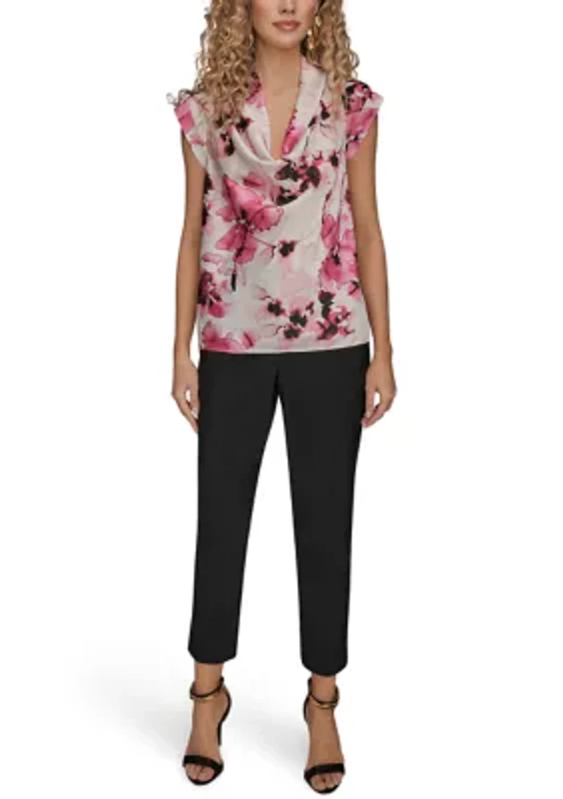 Women's Short Sleeve Cowl Neck Floral Blouse