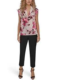 Women's Short Sleeve Cowl Neck Floral Blouse