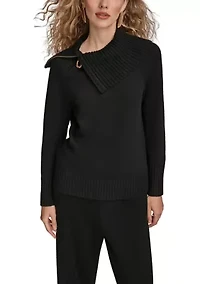 Women's Long Sleeve Zip Detail Collar Sweater