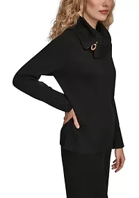 Women's Long Sleeve Zip Detail Collar Sweater