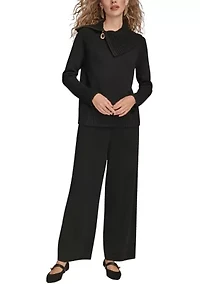 Women's Long Sleeve Zip Detail Collar Sweater