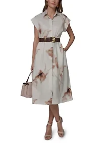 Women's Belted Twist Neck Floral Dress