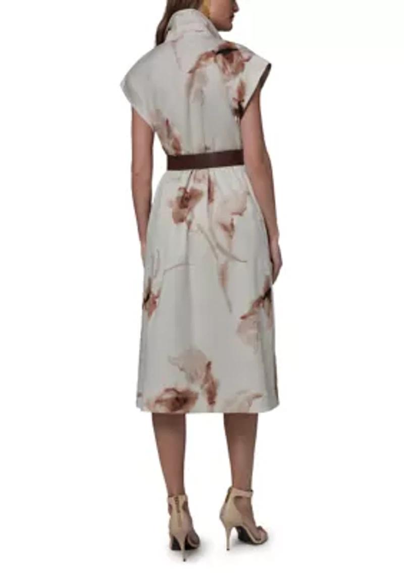 Women's Belted Twist Neck Floral Dress