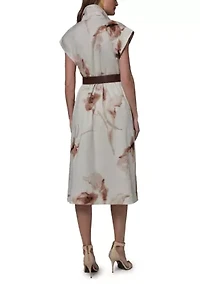 Women's Belted Twist Neck Floral Dress