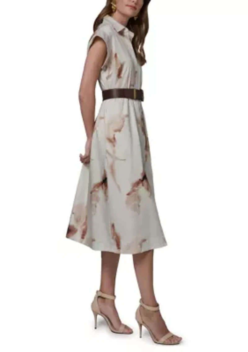 Women's Belted Twist Neck Floral Dress
