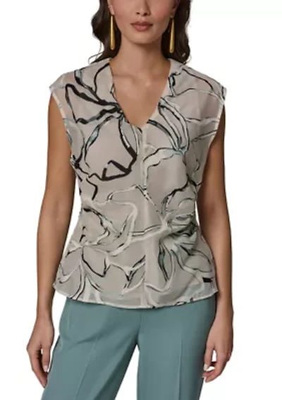 Women's Sleeveless V-Neck Burnout Floral Blouse