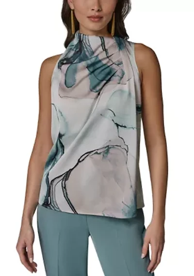 Women's Sleeveless Twist Drape Shoulder Floral Blouse