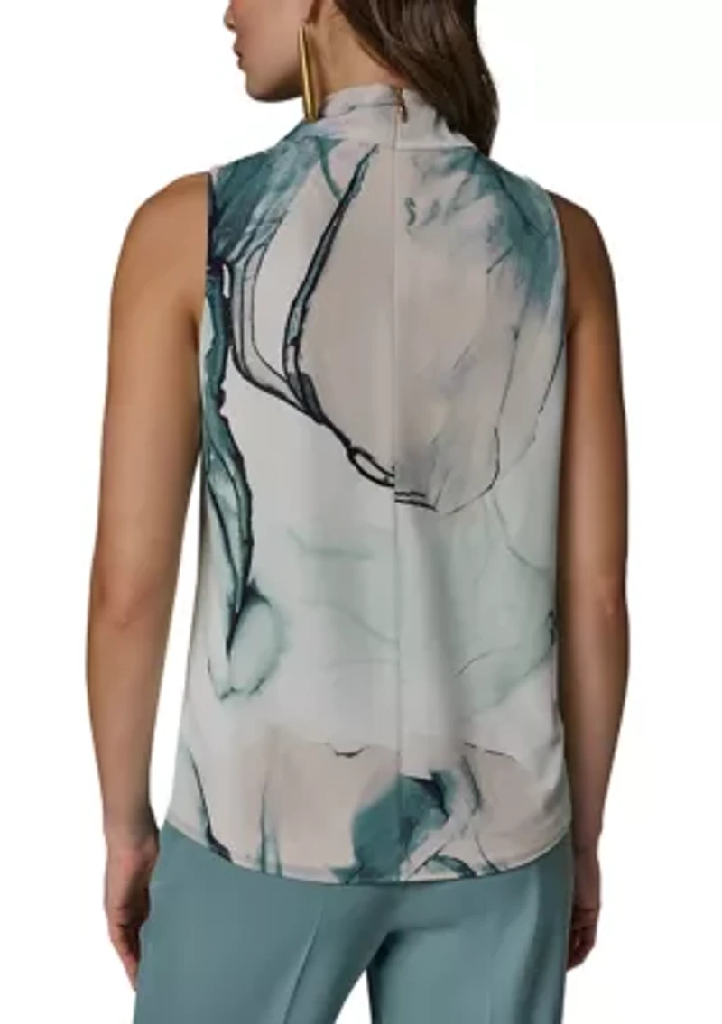 Women's Sleeveless Twist Drape Shoulder Floral Blouse