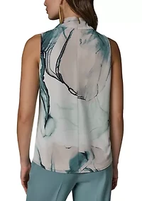 Women's Sleeveless Twist Drape Shoulder Floral Blouse