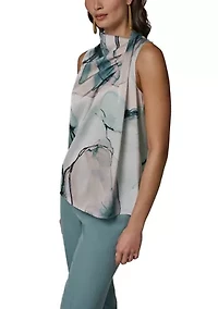 Women's Sleeveless Twist Drape Shoulder Floral Blouse