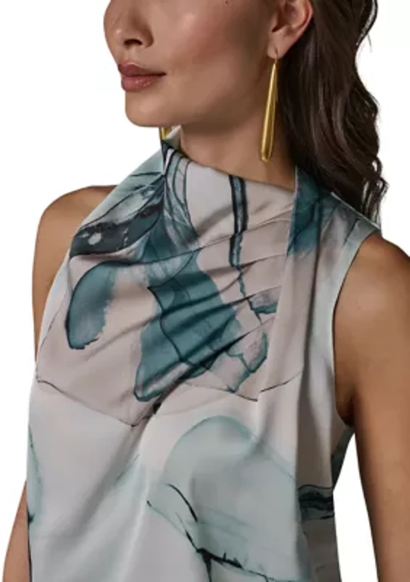Women's Sleeveless Twist Drape Shoulder Floral Blouse