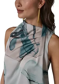 Women's Sleeveless Twist Drape Shoulder Floral Blouse