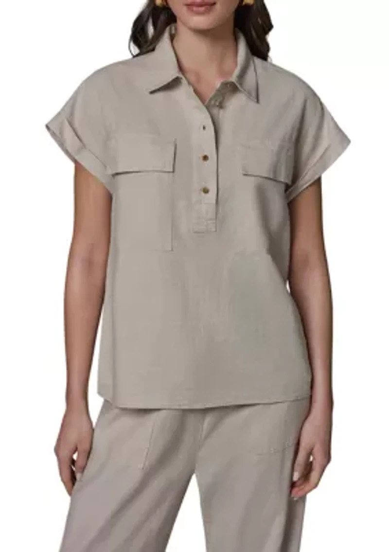Women's Roll Sleeve Utility Linen Popover Top