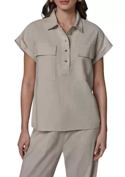 Women's Roll Sleeve Utility Linen Popover Top